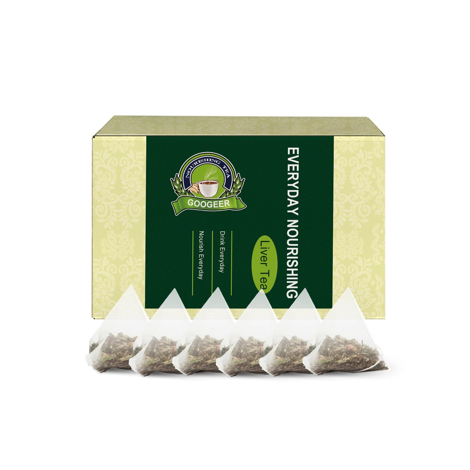 Googeer Everyday Nourishing tea box with six individually packaged pyramid tea bags displayed in front