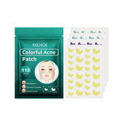 EELHOE Colorful Acne Patch packaging and sheet display with 112 pieces shown in teal pouch and colorful moon-shaped patches in yellow, blue, green, purple