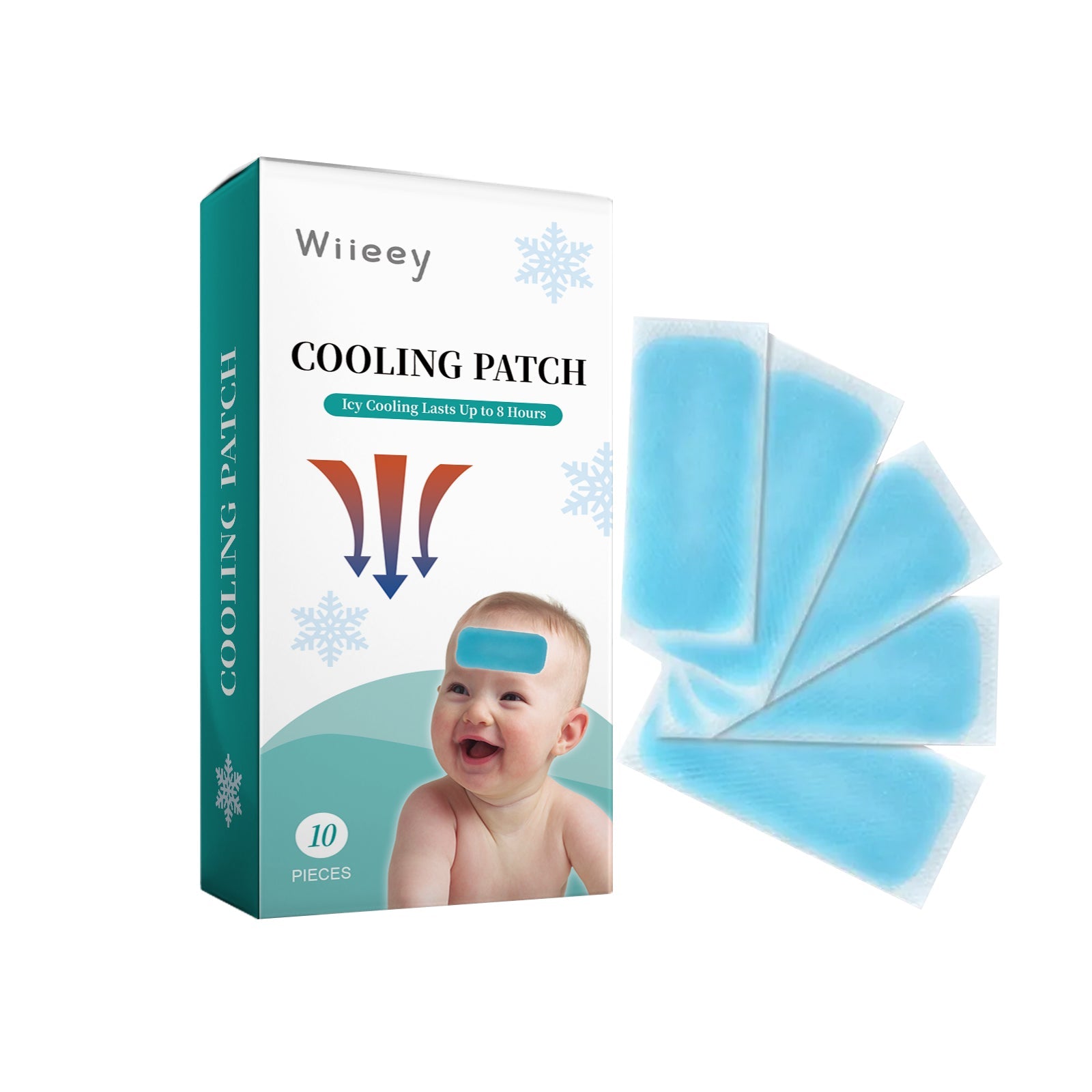Wiiey Cooling Patch box with 10 pieces and fanned-out blue gel patches displayed