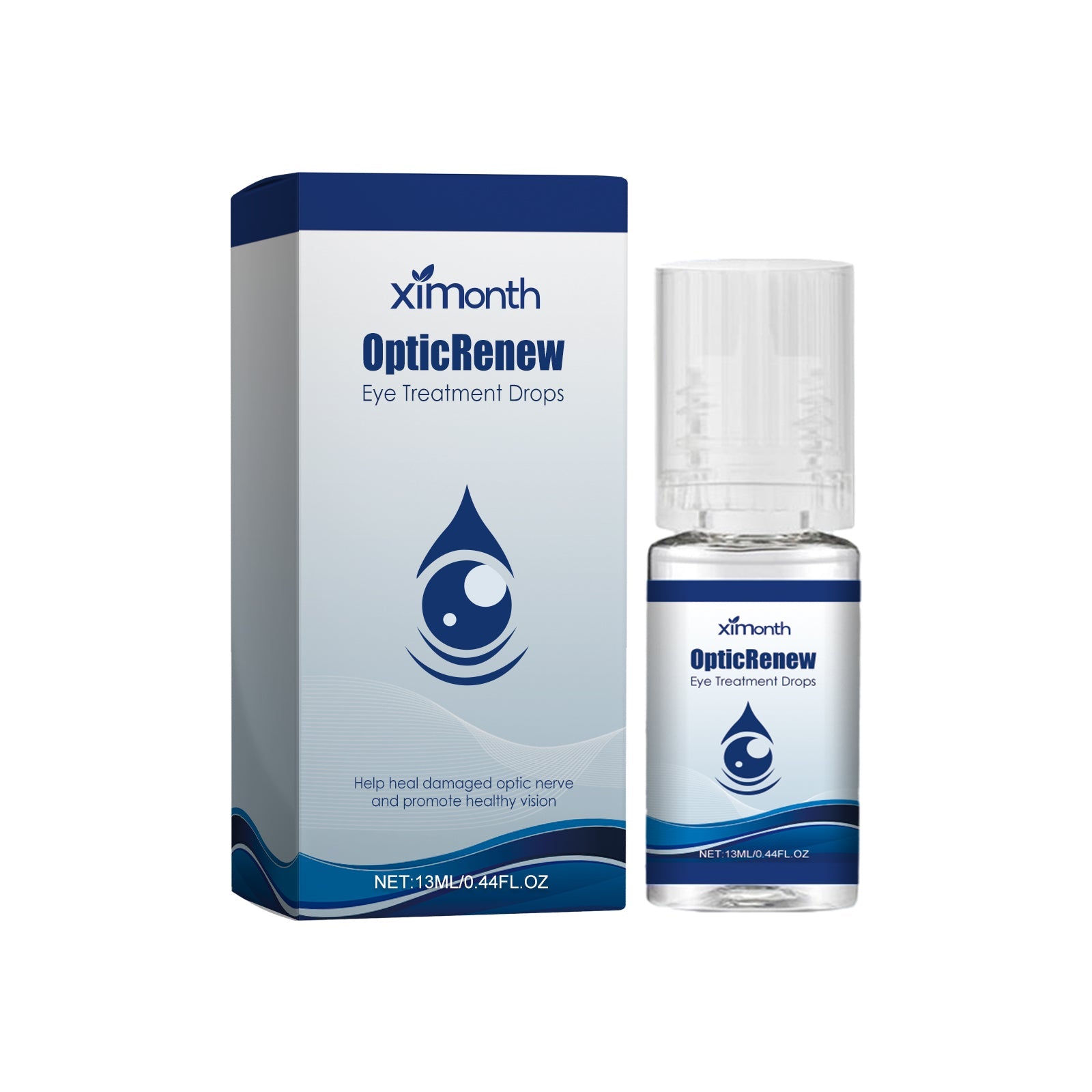 Product shot showing OpticRenew packaging box and glass dropper bottle side by side against white background