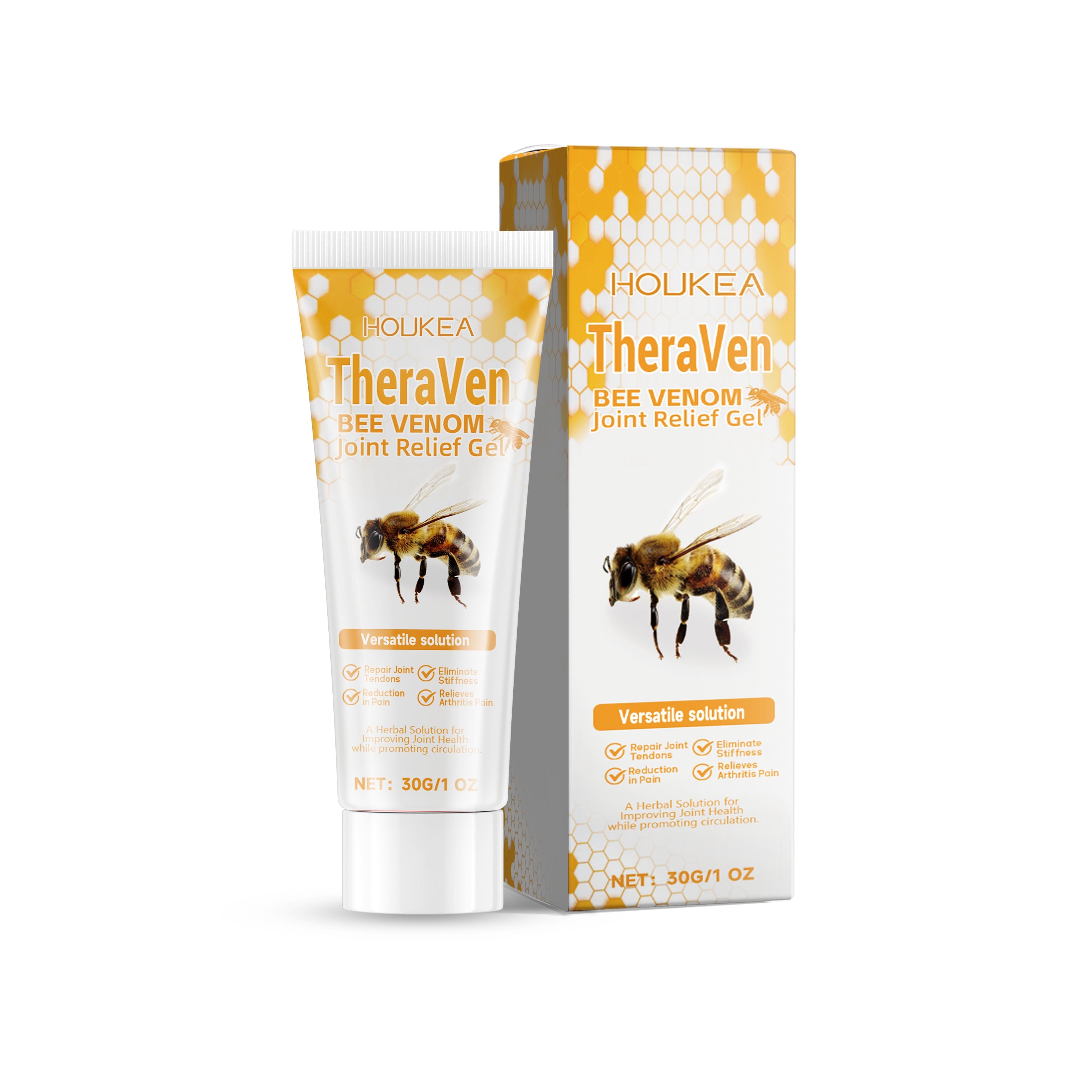 Product shot showing TheraVen Bee Venom Joint Relief Gel tube and outer box with honeycomb design and bee imagery