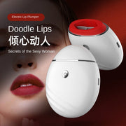 Electric Lip Plumper device with red suction cup shown in two angles alongside close-up of model with plump burgundy lips