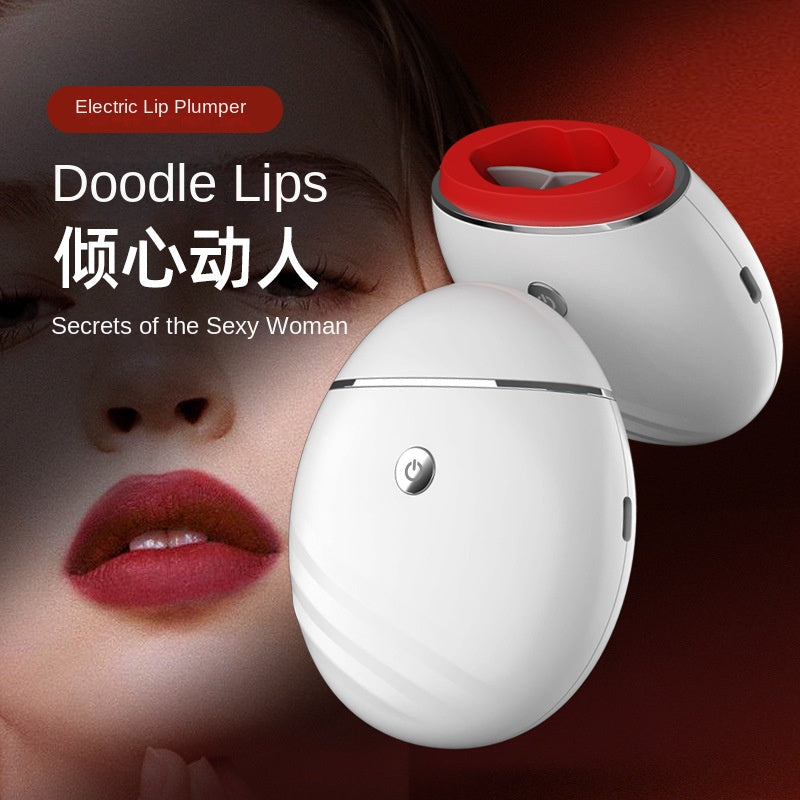 Electric Lip Plumper device with red suction cup shown in two angles alongside close-up of model with plump burgundy lips