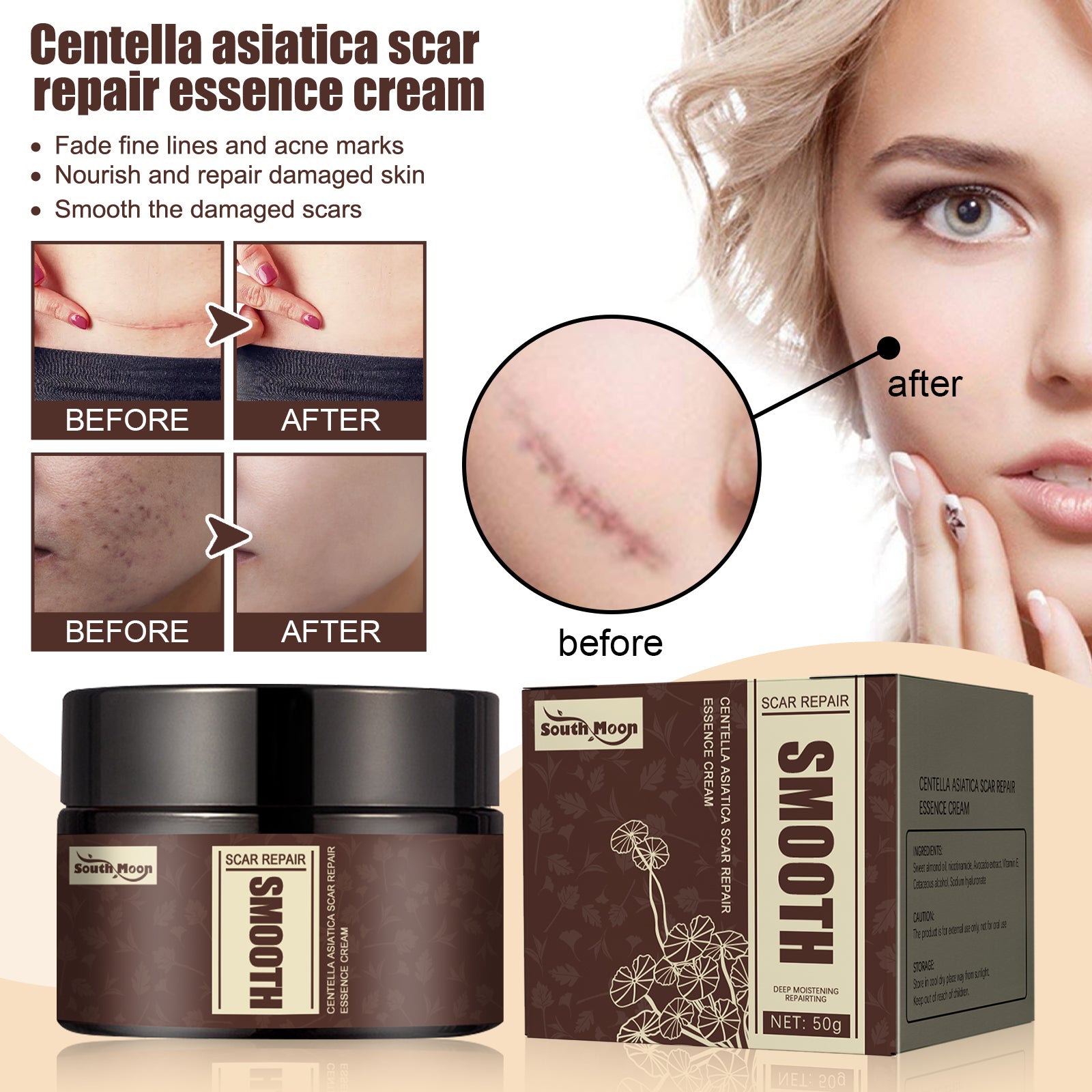 Product claims and lifestyle split-screen showing before-after transformation with model applying cream to chest area
