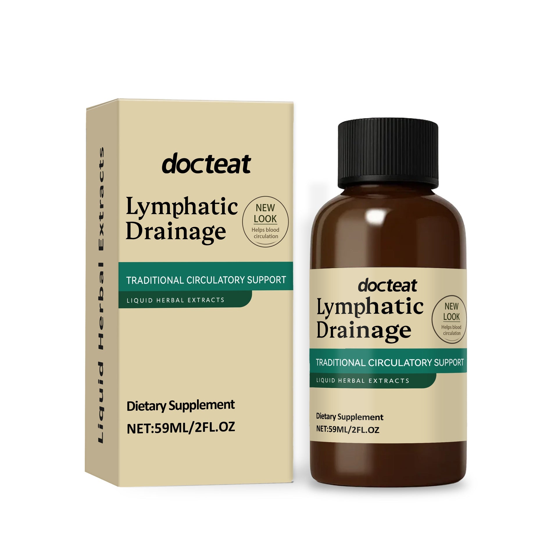 Product packaging and bottle of Lymphatic Drainage supplement showing cream box and amber glass bottle with black cap