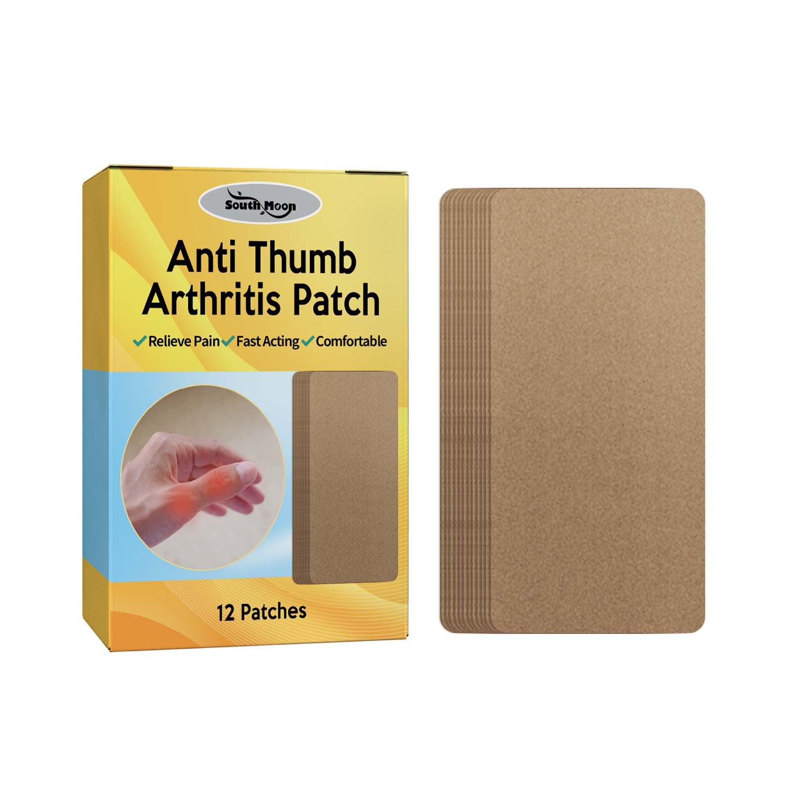 Side-by-side anatomical illustration showing thumb joint before (curved/bent) and after (straightened) patch application with inflammation reduction highlighted