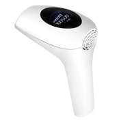 Sleek white IPL hair removal device shown at angle with illuminated LCD display