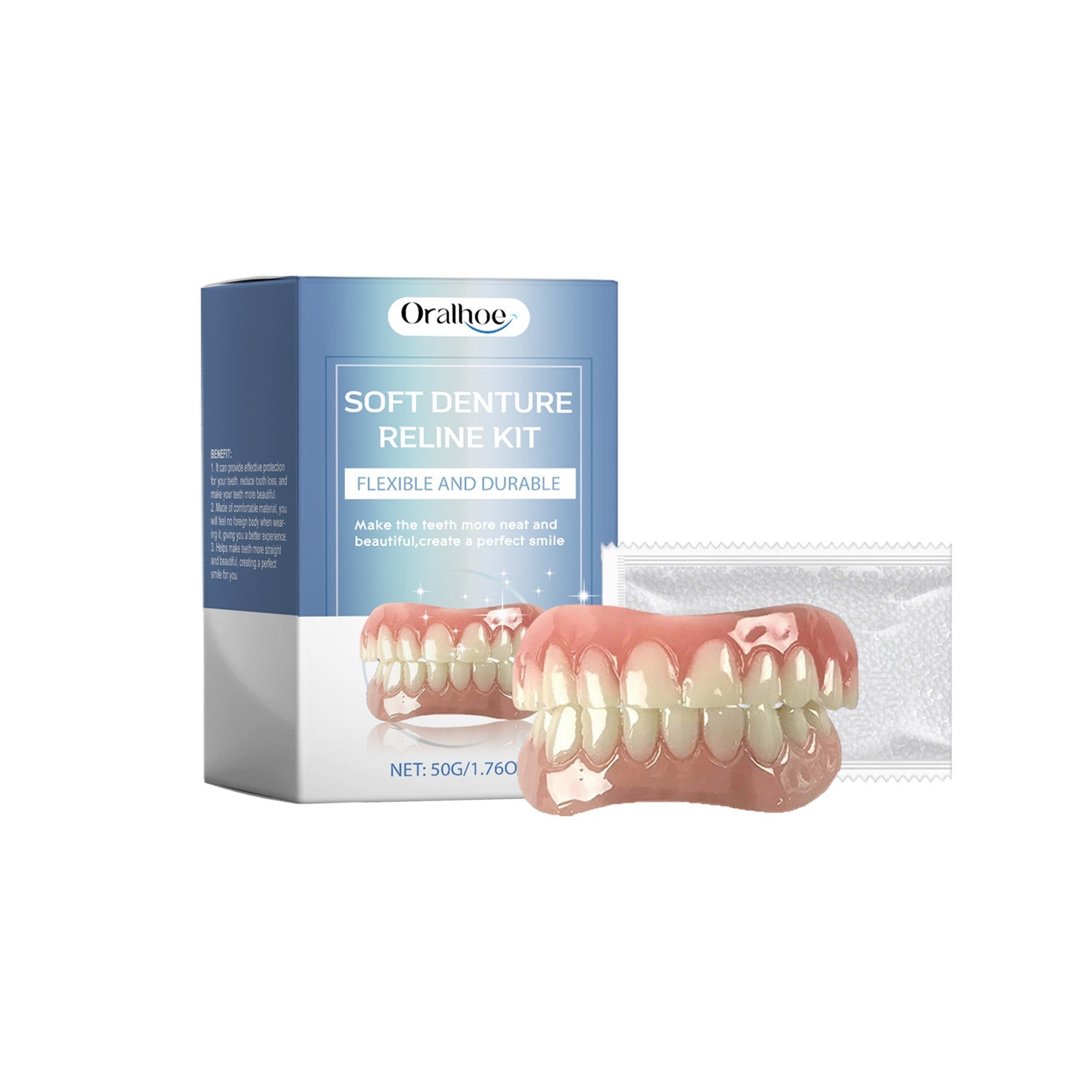 Product packaging and actual dentures displayed together with cleaning cloth