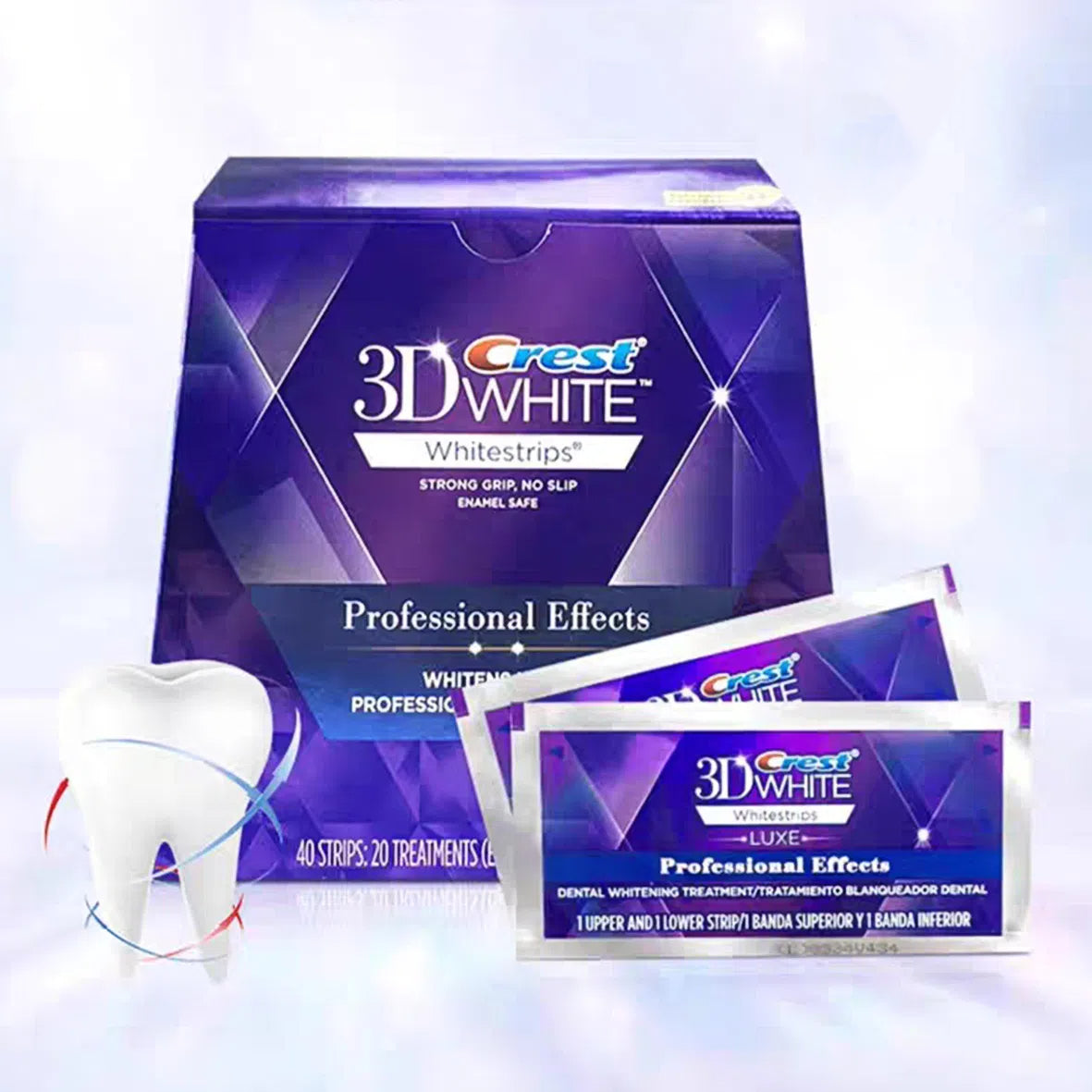 Crest 3D White Professional Effects Whitestrips box with individual strip packet displayed