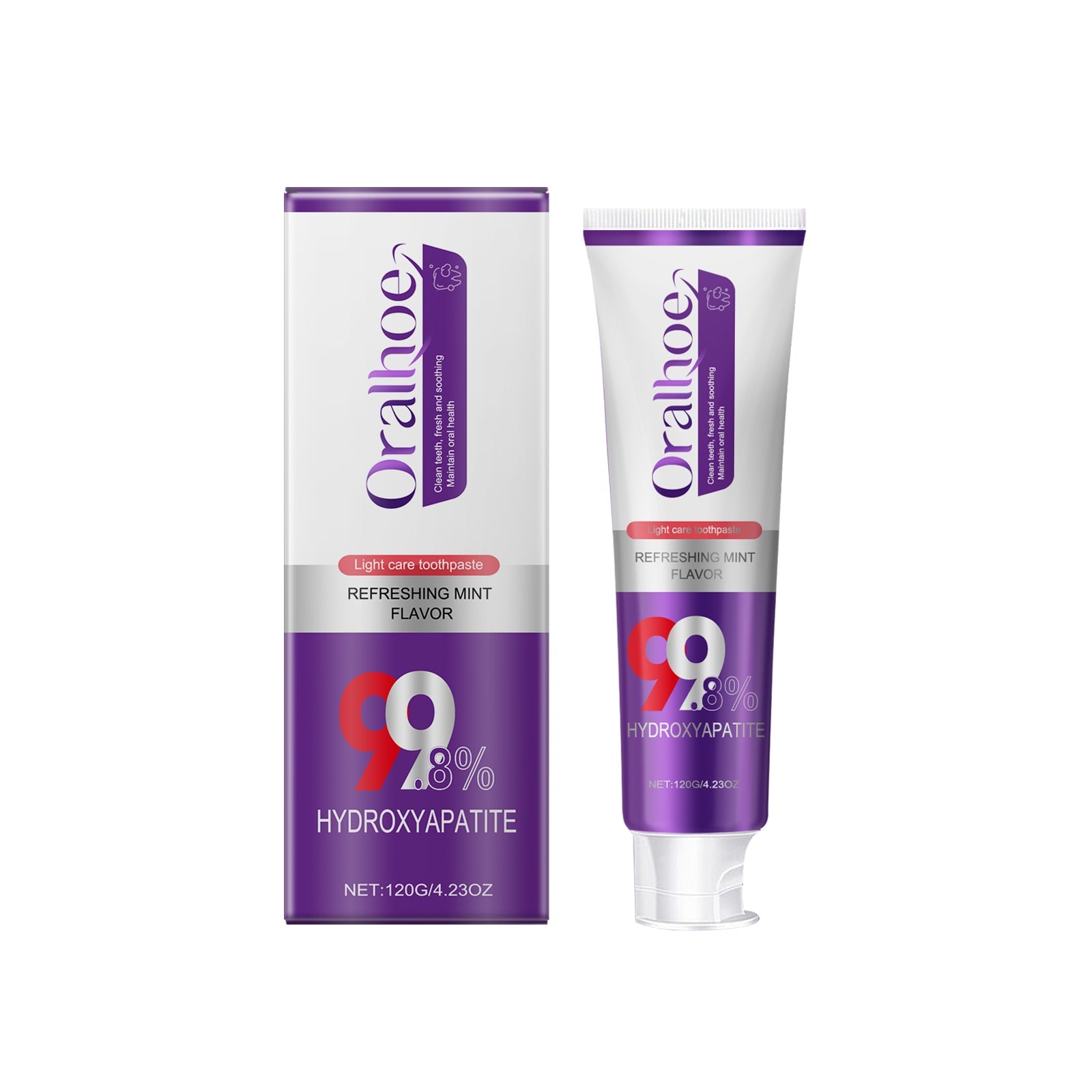 Woman applying toothpaste with visibly white, bright smile against purple gradient background with product beside her