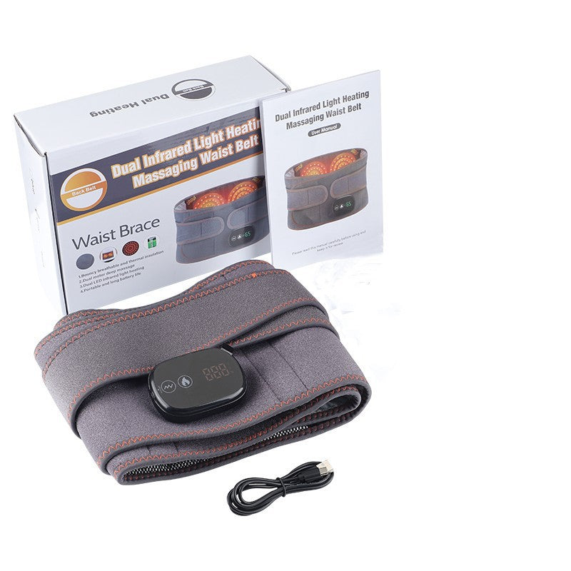 Dual Infrared Light Heating Massaging Waist Belt unboxed with all components including gray fabric belt, black control module, USB cable, and product packaging visible