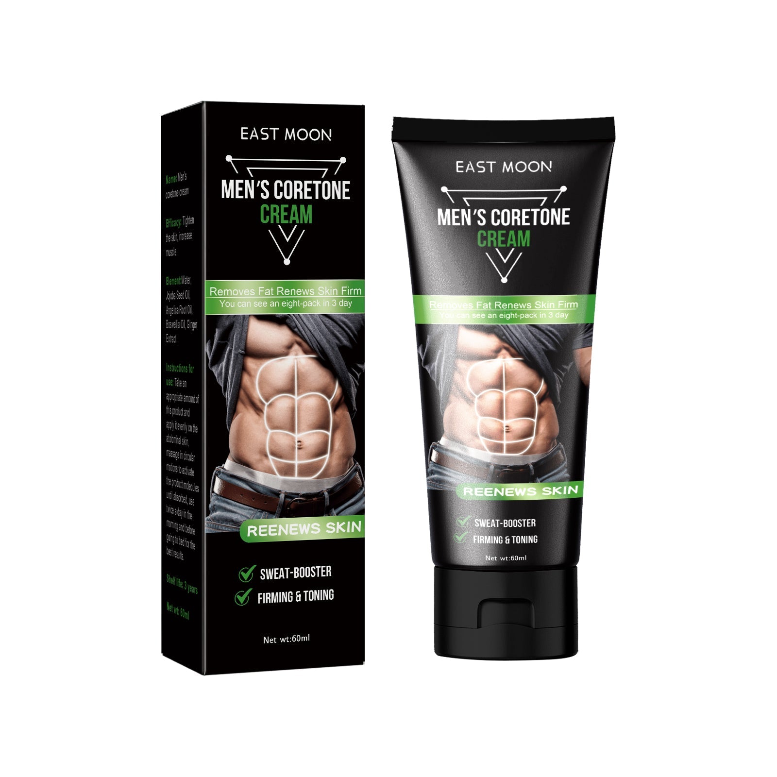 Product layout with tube, box, texture swatch and four green icon callouts listing key benefits
