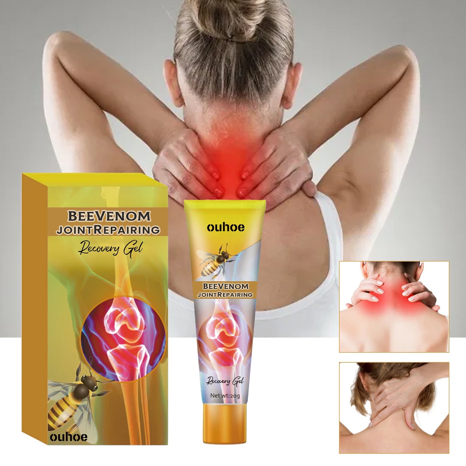 Man holding neck with red pain visualization overlay and product packaging displayed