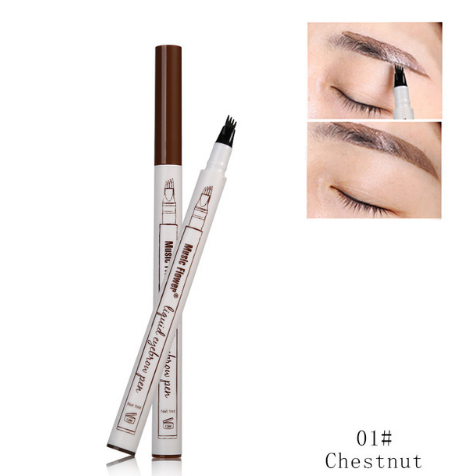 Two Music Flower Fine Sketch eyebrow pens with dark brown caps displayed with application demonstration showing precise micro-tip and before/after brow appearance