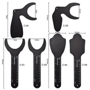 All six black dental background plate variants (C-2A, C-2B, C-4A, C-4B, C-4C, C-4D) displayed with labeled dimensions showing their sizes and shapes