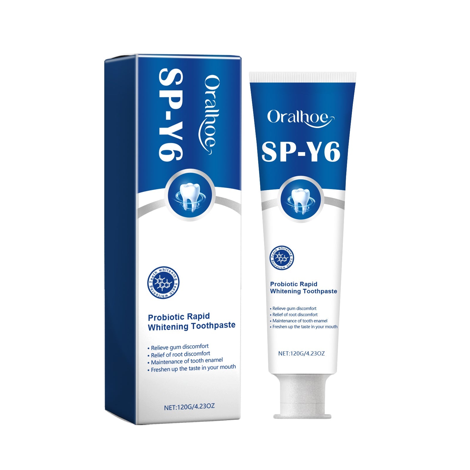 Oralhoe SP-Y6 Probiotic Rapid Whitening Toothpaste with blue box and white tube displayed side by side