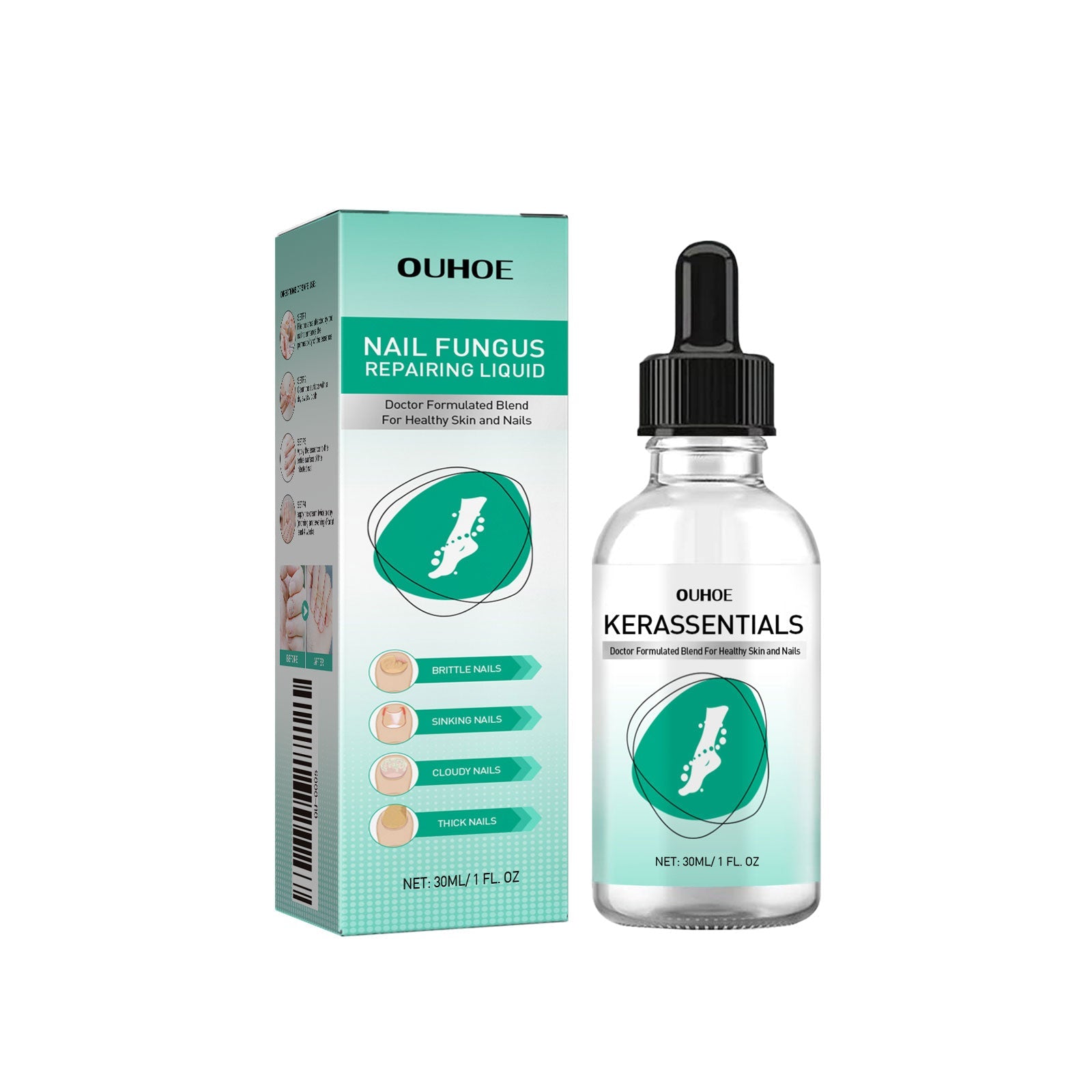 OUHOE Nail Fungus Repairing Liquid packaging and product bottle