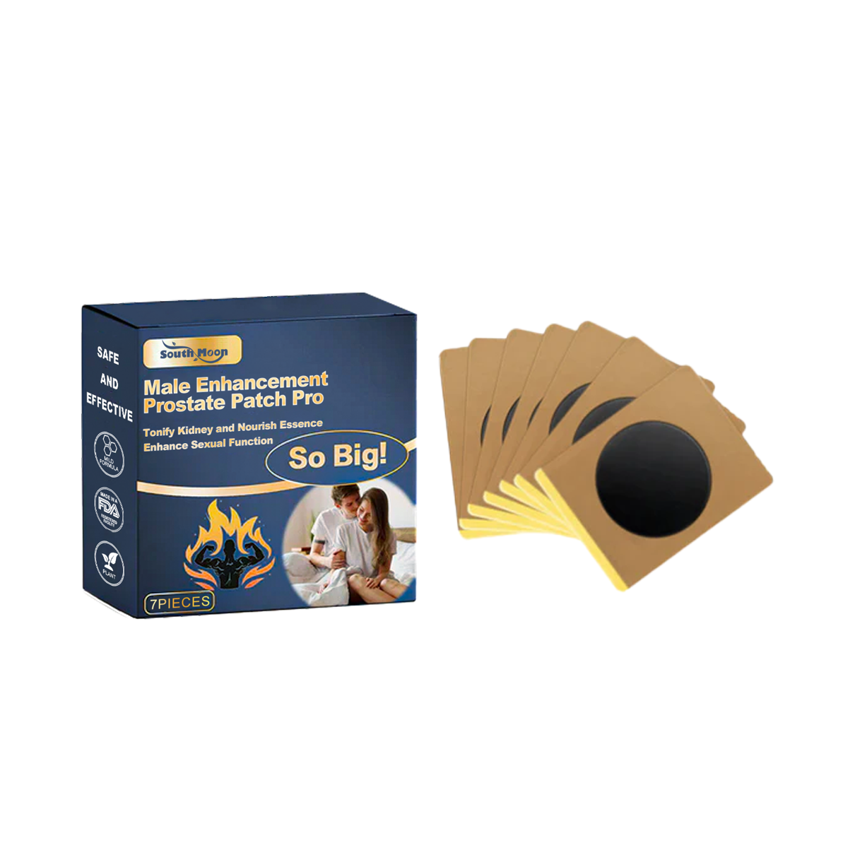 Product packaging and patch display showing navy blue box with golden text and 7 individual tan patches with black centers arranged in a fan