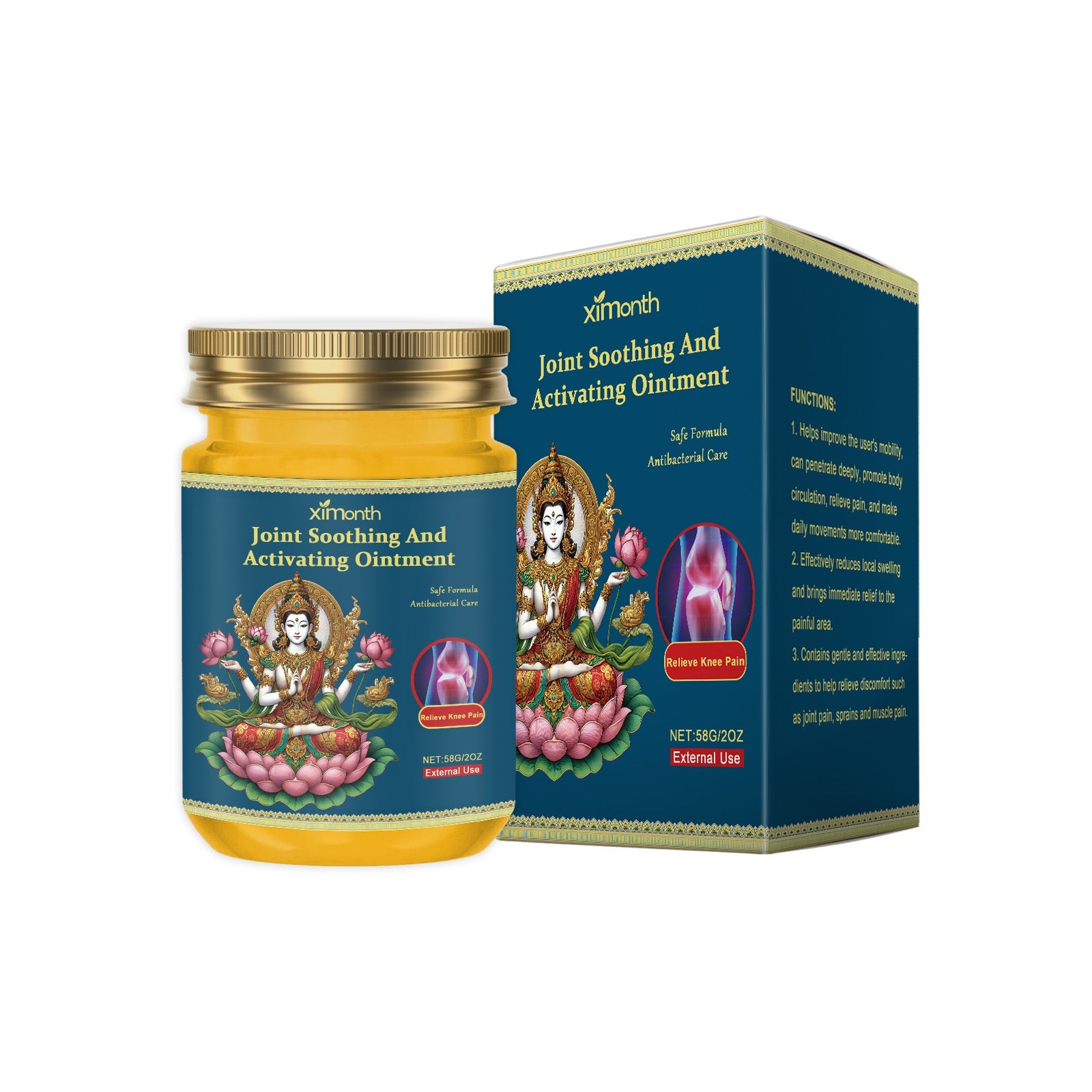 Ximonth Joint Soothing and Activating Ointment jar and box packaging displayed together showing ornate deep blue box with gold trim, golden-yellow cream jar with metal screw lid
