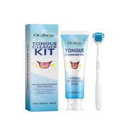 Complete Oralhoe Tongue Cleaner Kit showing packaging box, cleansing gel tube, and silicone brush applicator arranged on white background