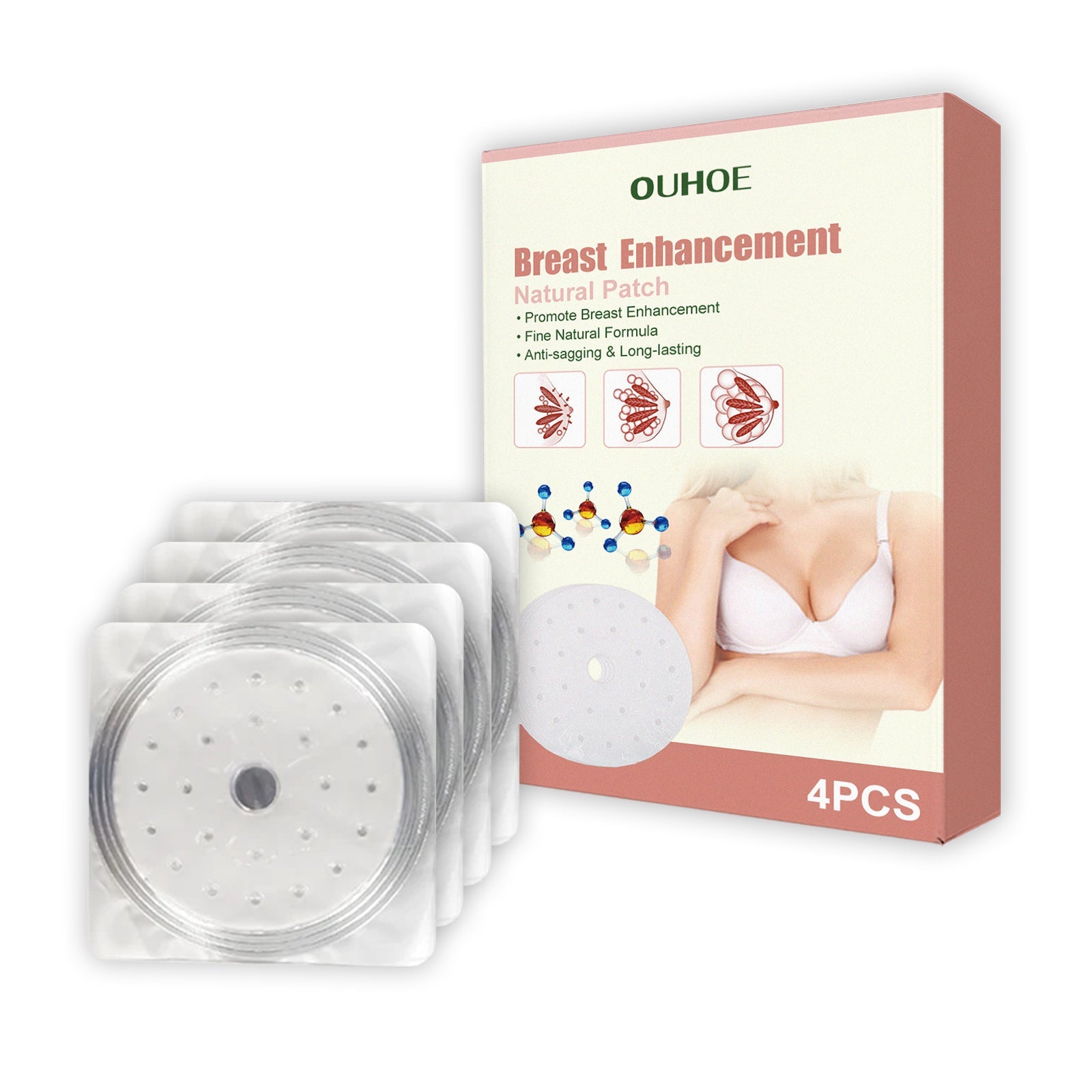 Side-by-side before/after comparison with model in white undergarment and lifestyle image showing fuller breasts in beige bra with product box
