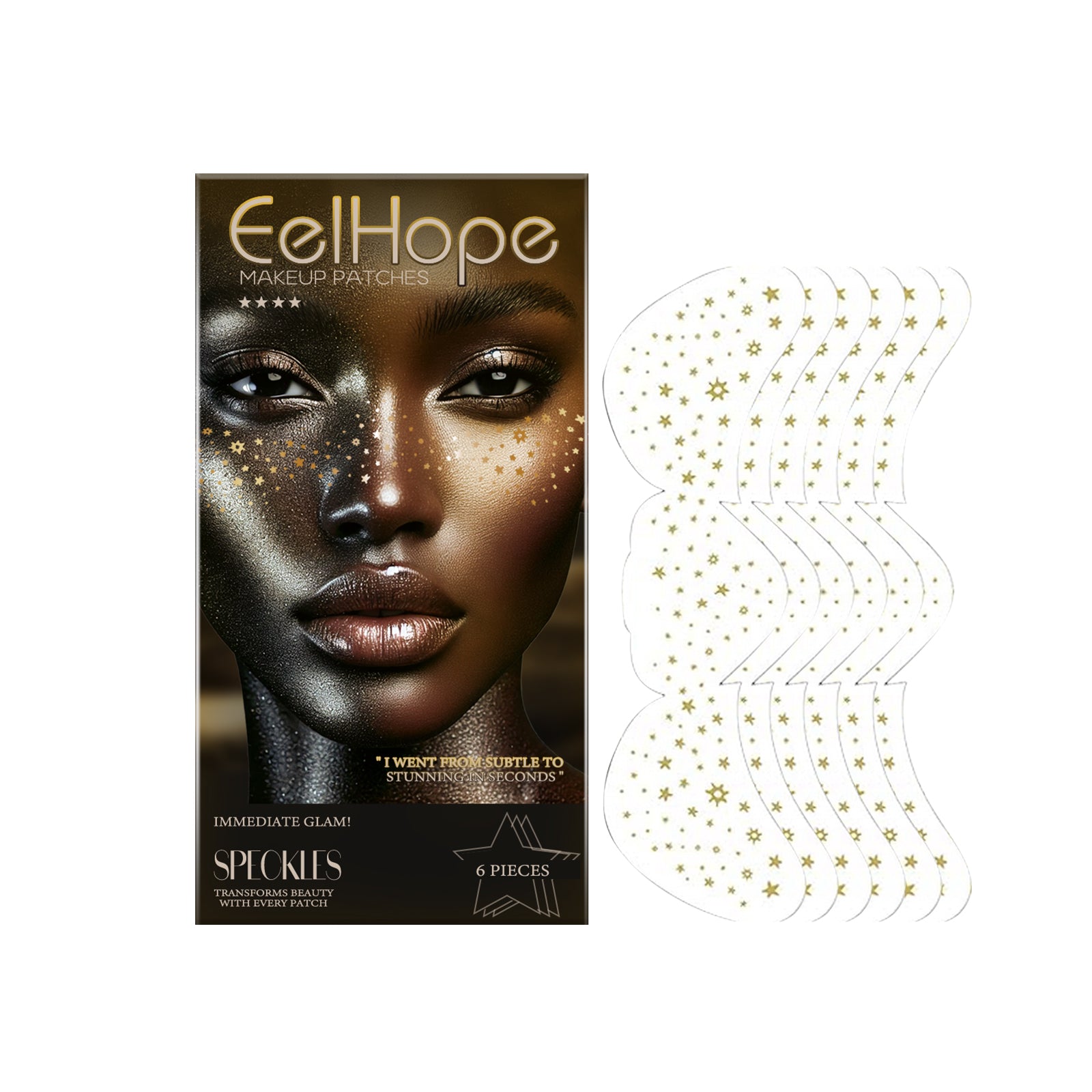 Three models with different skin tones displaying fine freckle and various style patch applications with labeled benefits