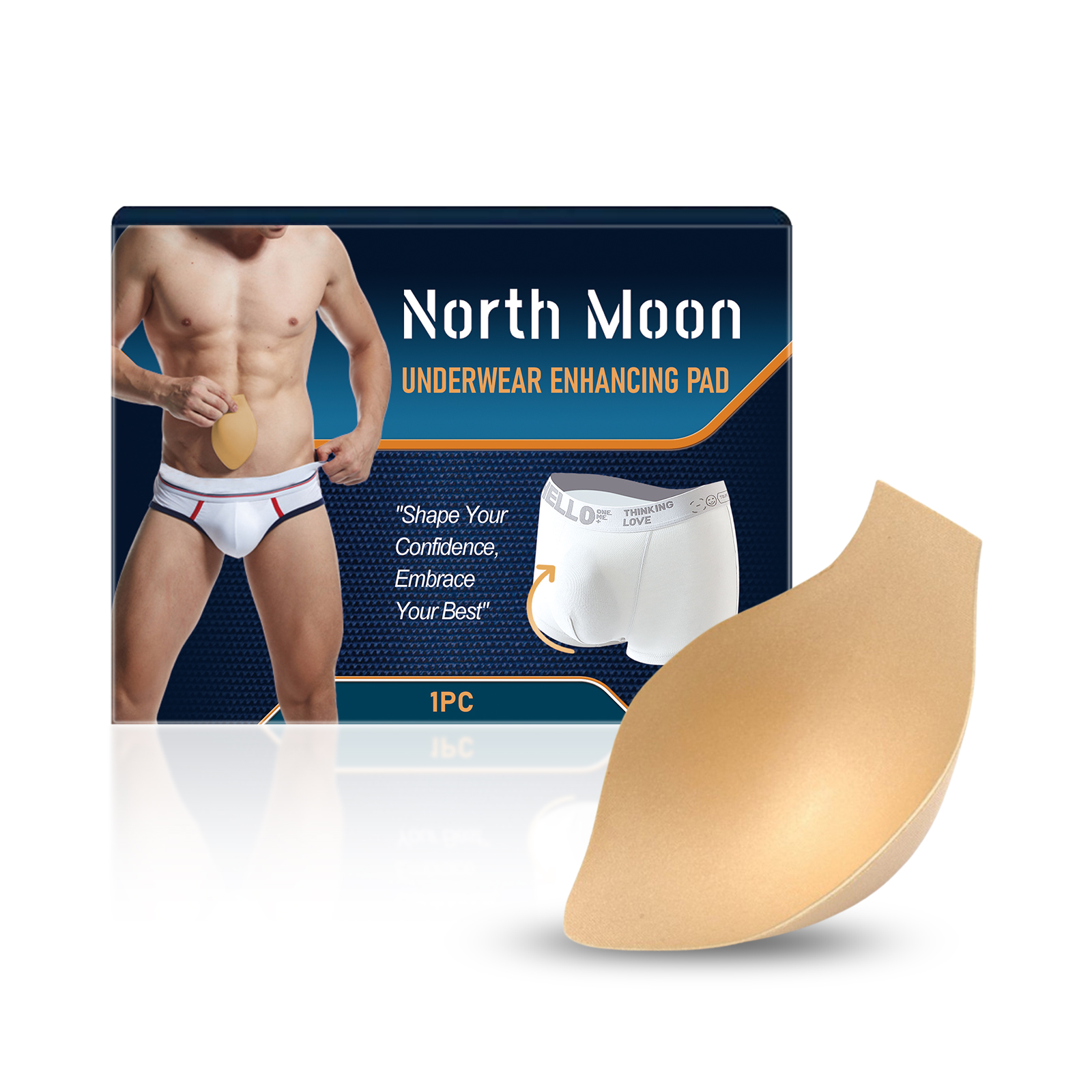 Product packaging and pad display on navy background