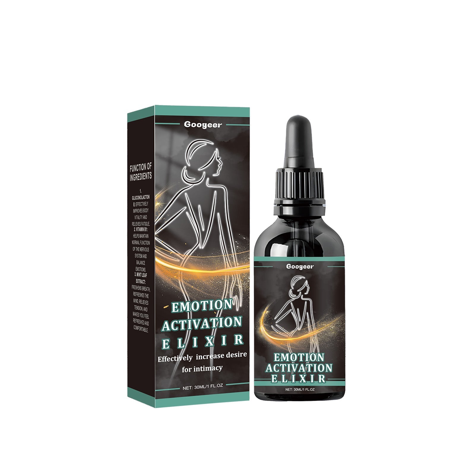 Product shot showing Emotion Activation Elixir bottle with matching branded box on white background