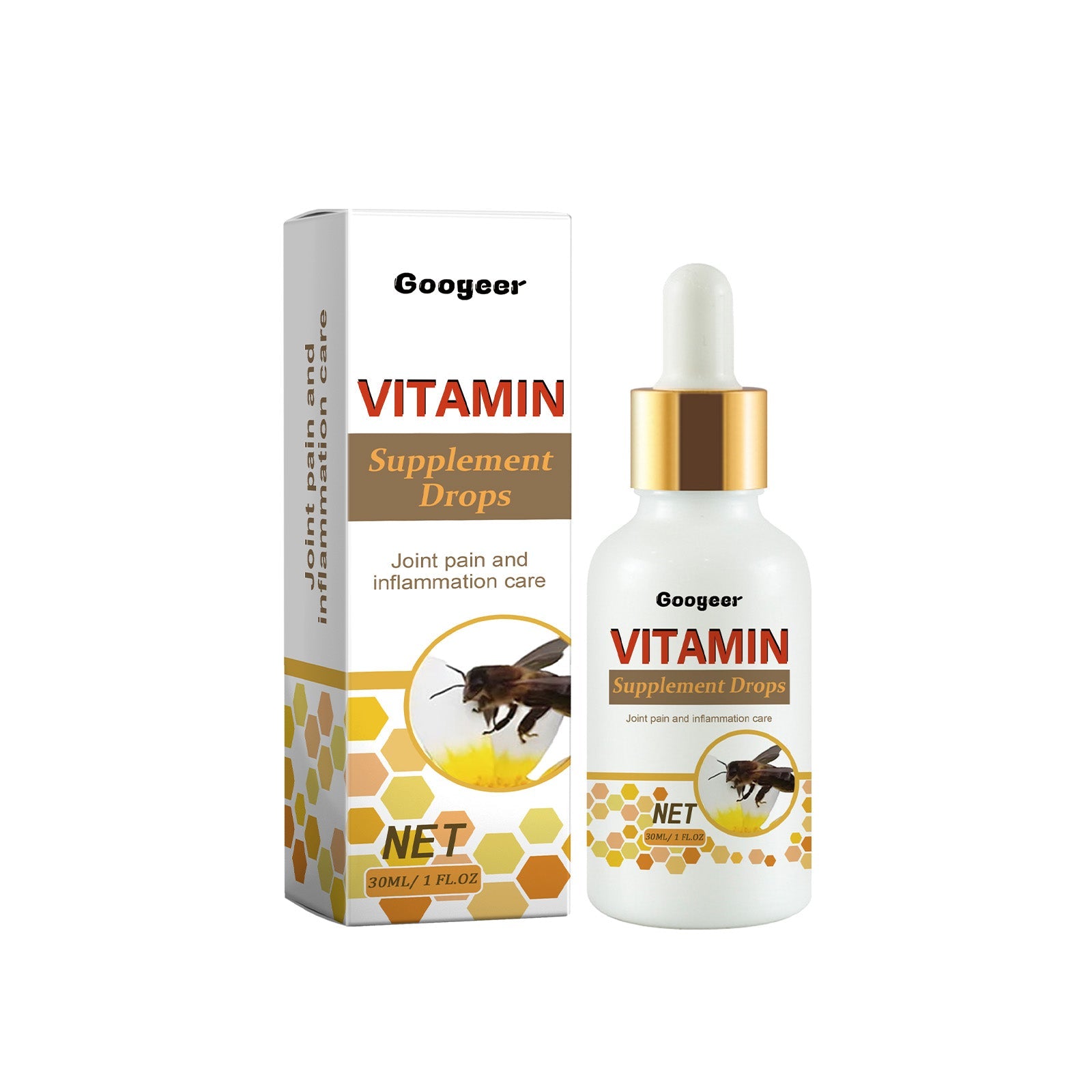 Googeer Vitamin Supplement Drops packaging and bottle display with gold dropper cap and honeycomb labeling