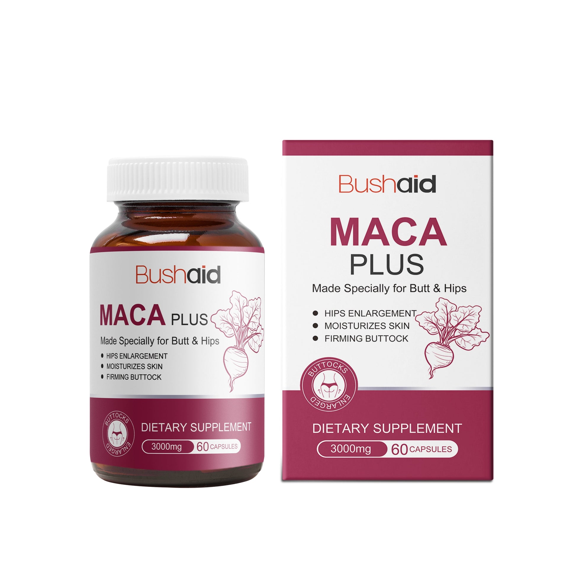Product bottle and box displayed side-by-side showing full packaging design with branding, claims and dosage information
