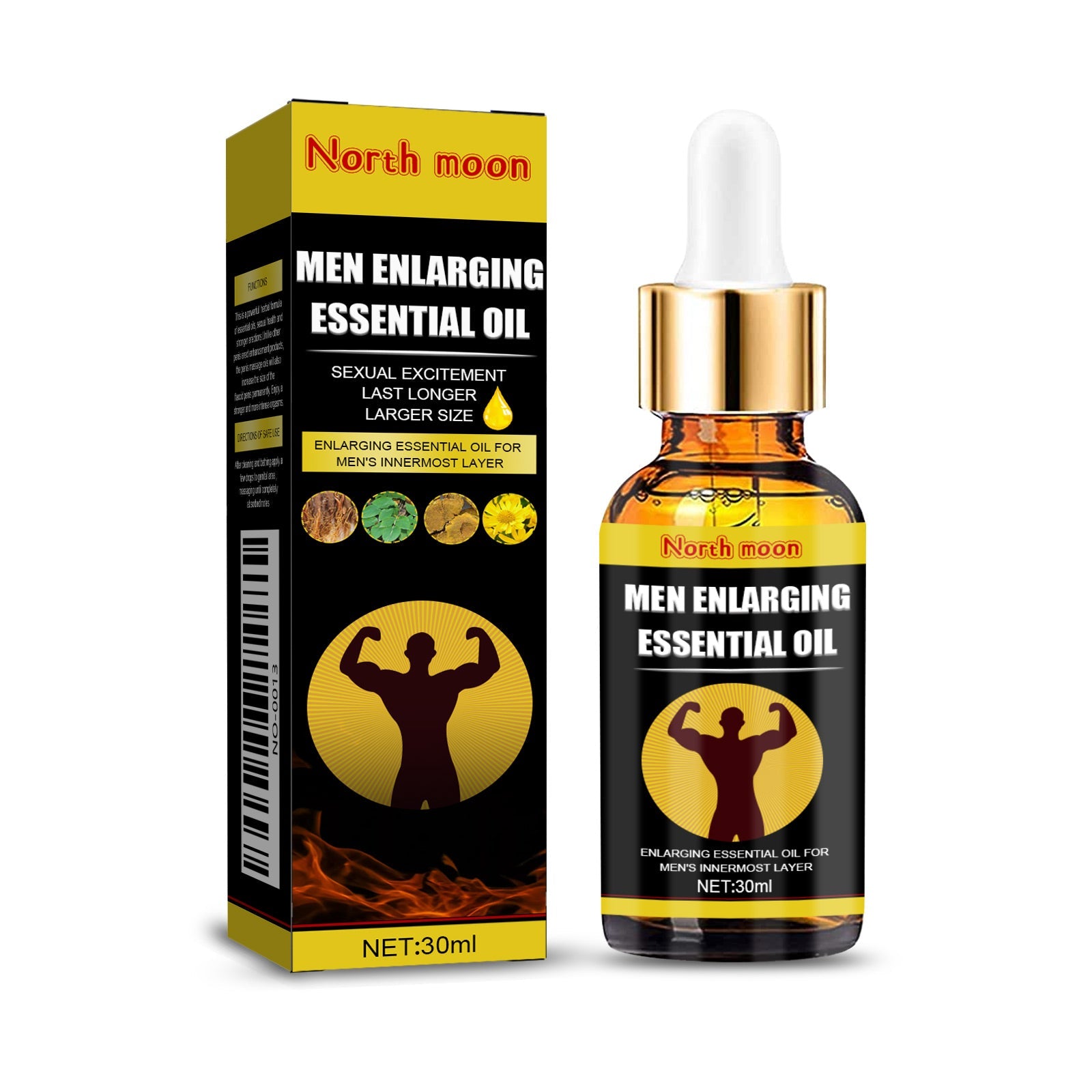 Product packaging box and 30ml dropper bottle with gold collar and white cap against white background
