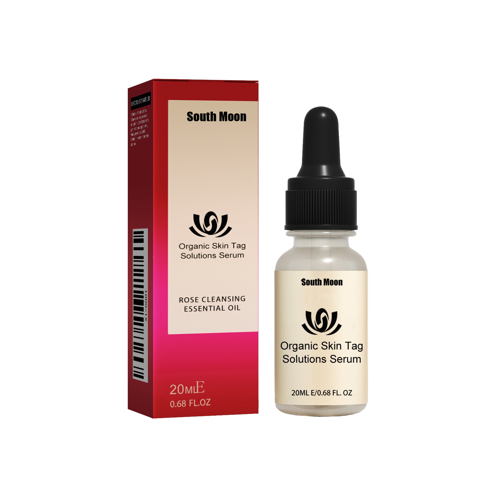 Product packaging and bottle: South Moon Organic Skin Tag Solutions Serum 20ml with red and cream box and frosted glass dropper bottle