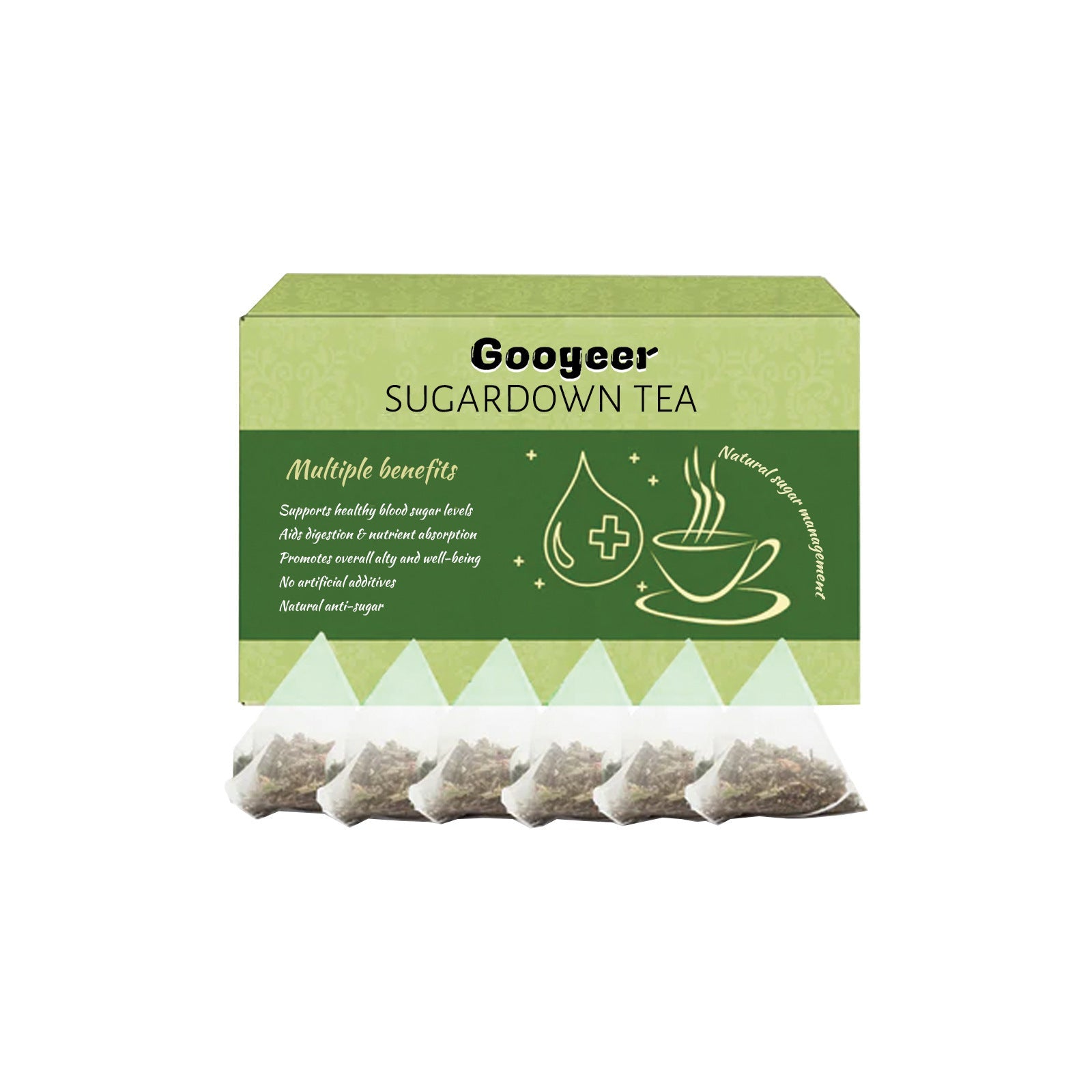 Googeer Sugardown Tea box with 6 individual tea bags displayed below, lime green and sage green color scheme