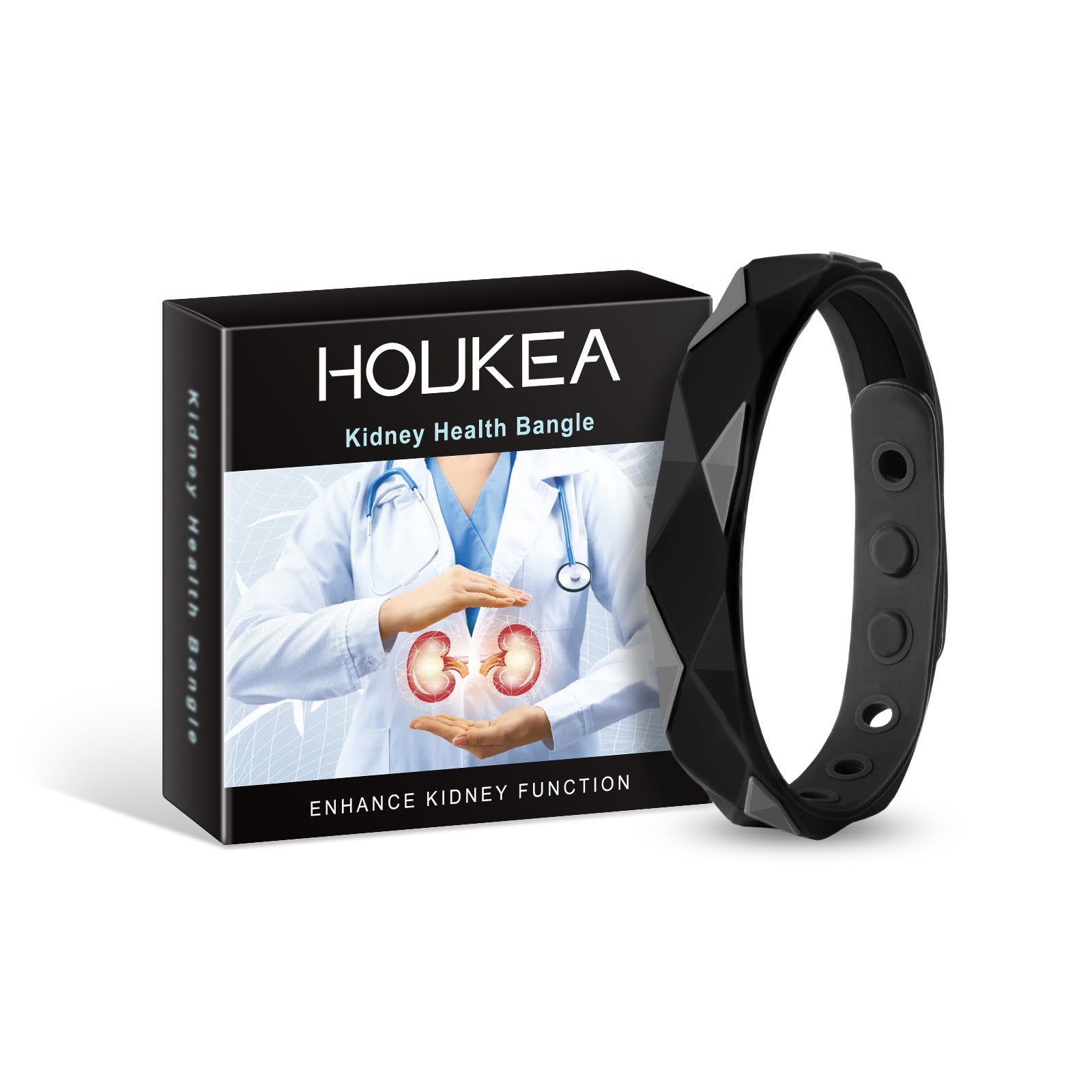 HOUKEA Kidney Health Bangle with black silicone bracelet next to product packaging box featuring medical imagery