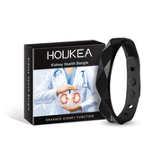 HOUKEA Kidney Health Bangle with black silicone bracelet next to product packaging box featuring medical imagery