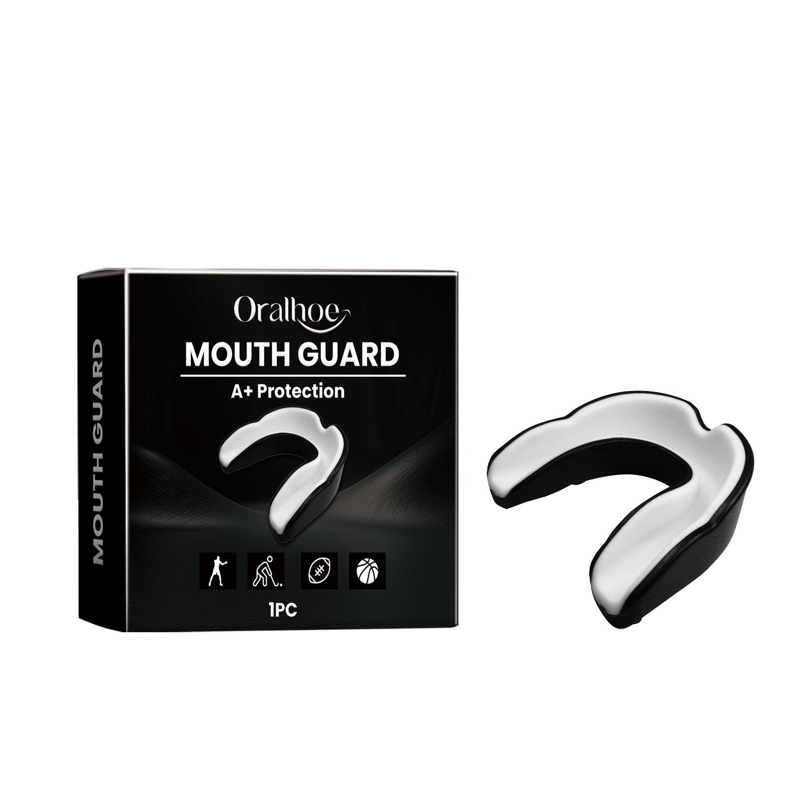Oralhoe Mouth Guard A+ Protection packaging and product shot showing white and black silicone mouthguard next to black box
