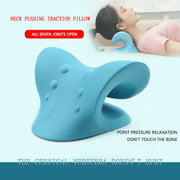 Woman lying on back using blue cervical pillow demonstrating proper neck support during sleep