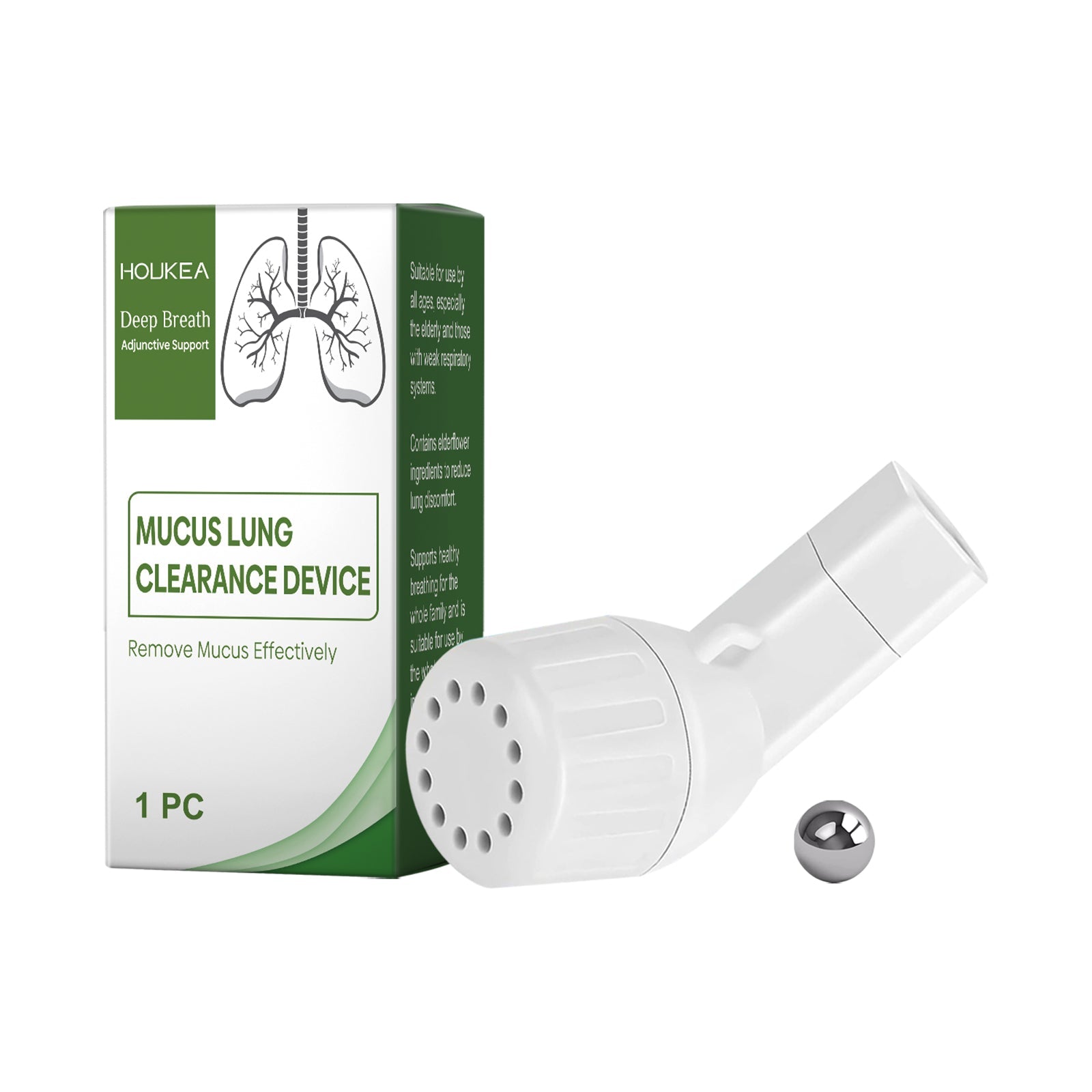 Product unboxing shot showing HOUKEA Mucus Lung Clearance Device packaging with white device and steel ball component
