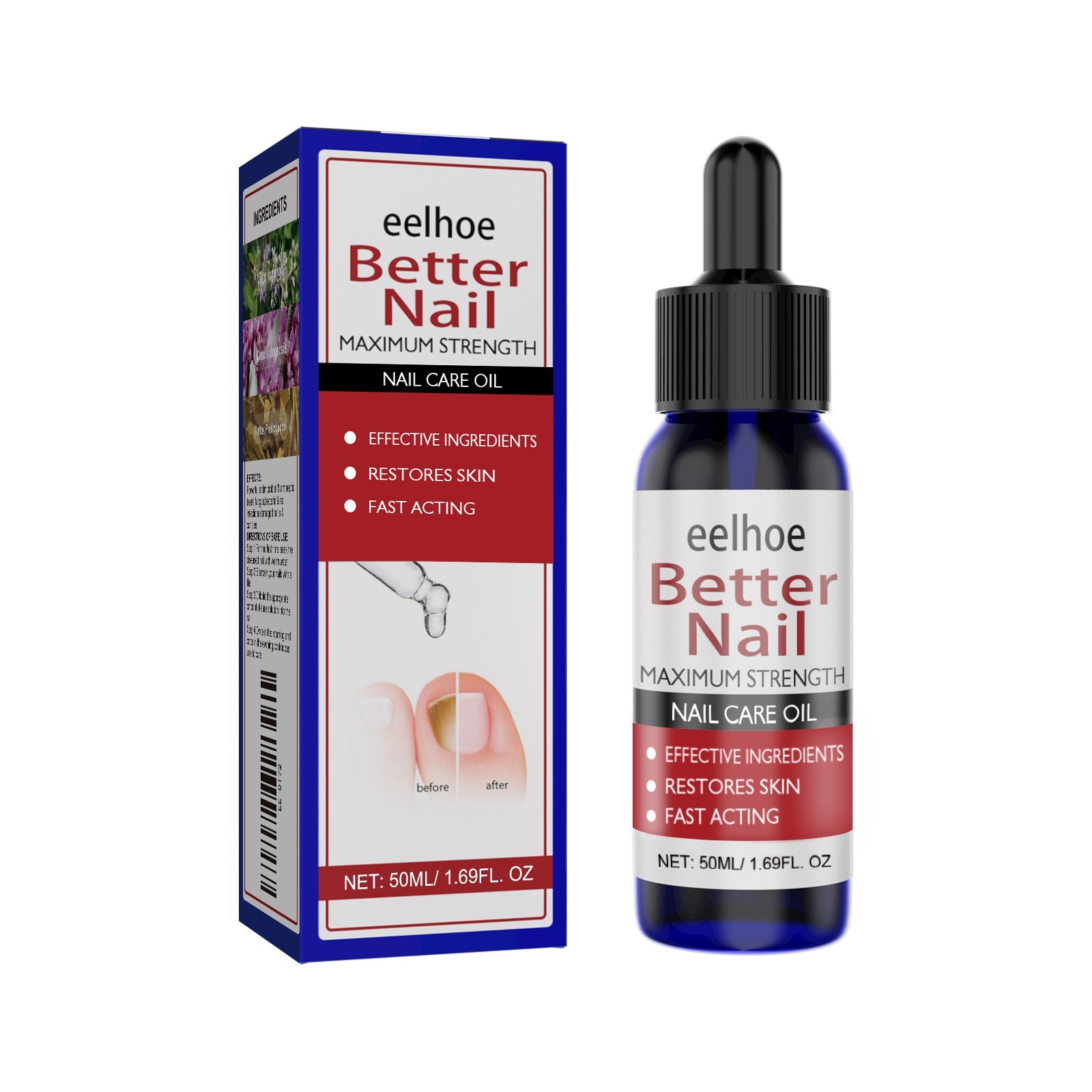 Product packaging box and cobalt blue glass dropper bottle of eelhoe Better Nail Maximum Strength Nail Care Oil displayed side-by-side