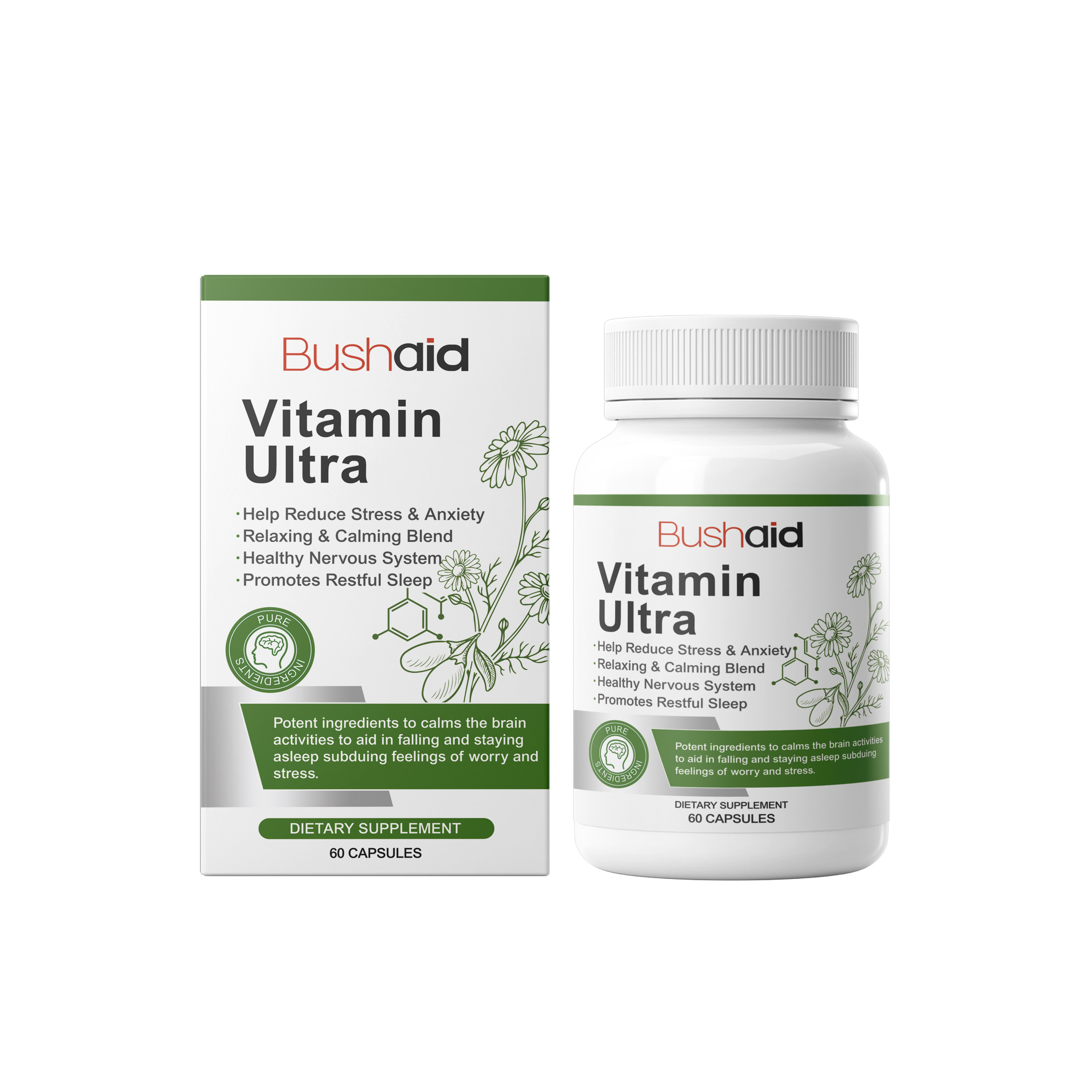 Product packaging and bottle together showing Vitamin Ultra branding, benefit claims, and 60 capsule count
