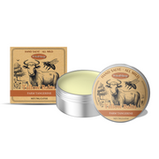 WoodSleep Fallow Balm hand salve displayed in open brushed silver tin and kraft cardboard box with vintage botanical label featuring cow and bee illustration