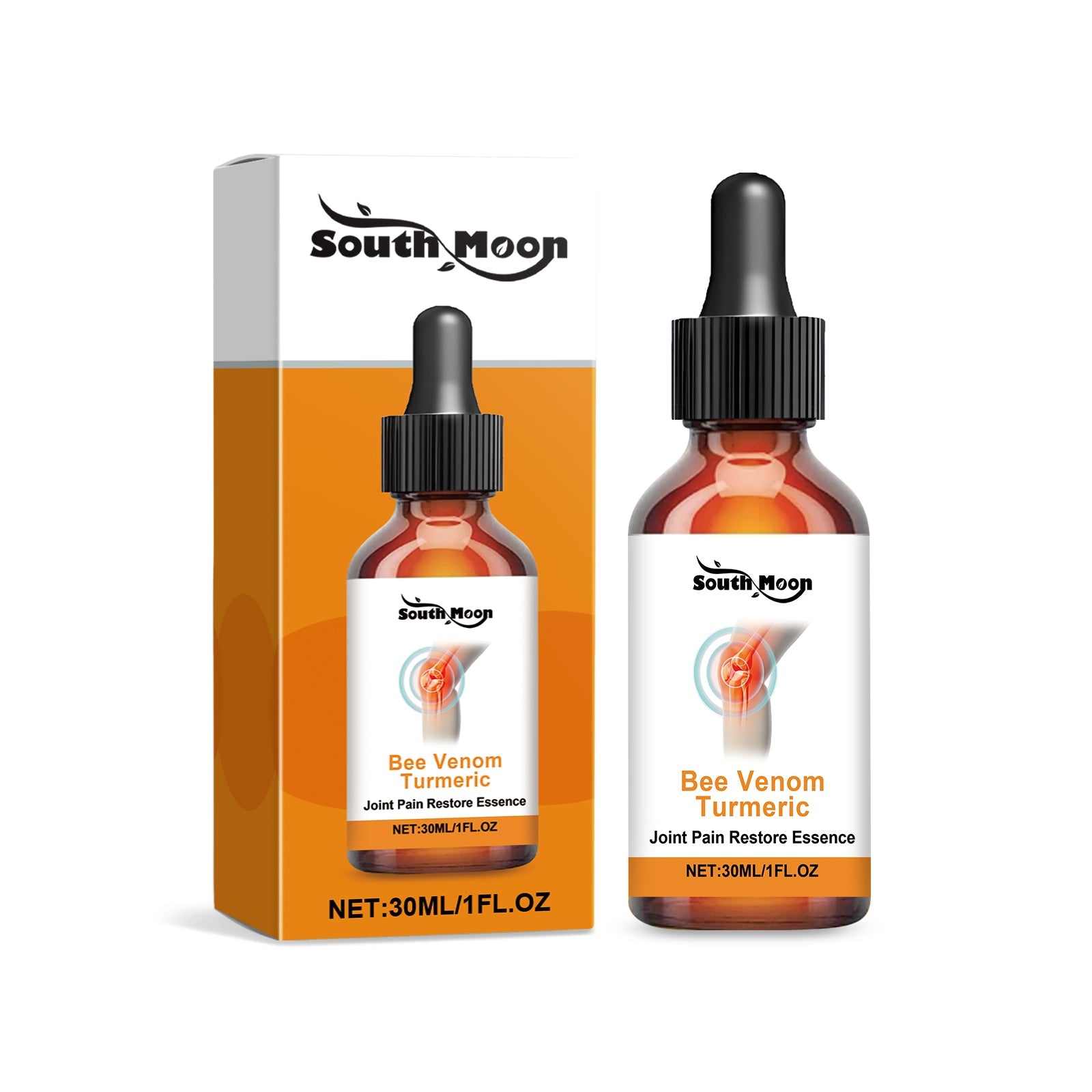 South Moon Bee Venom Turmeric essence in amber glass dropper bottle alongside product packaging with bold orange branding