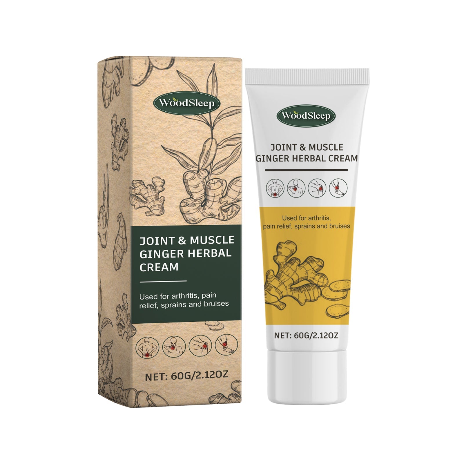 Product box and tube of WoodSleep Joint & Muscle Ginger Herbal Cream displayed side-by-side showing branding, ginger root illustrations, and 60g size