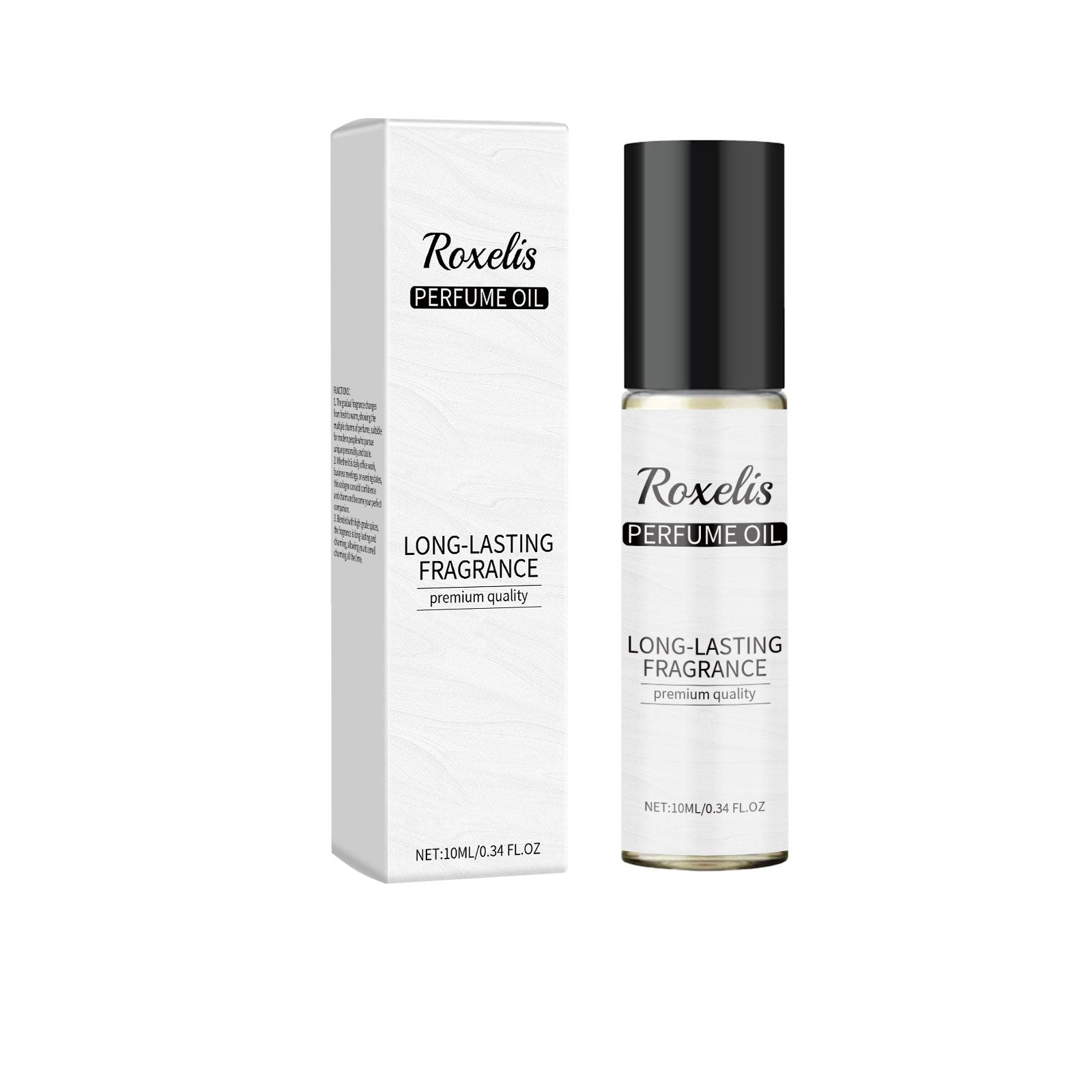 Roxelis Perfume Oil bottle and white box packaging displayed against white background