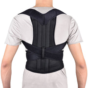 Man wearing posture corrector under white t-shirt, back view showing chest-opening shoulder mechanism
