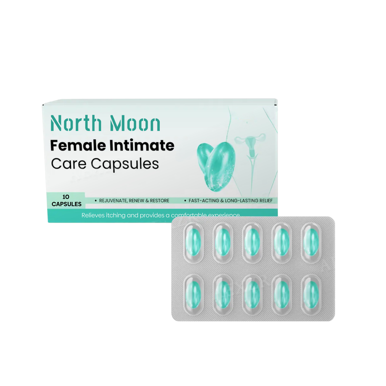 North Moon Female Intimate Care Capsules packaging box with 10-count blister pack display showing turquoise gel capsules