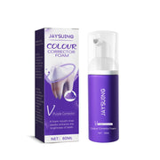 JAYSUING Colour Corrector Foam packaging and bottle side-by-side showing purple corrector formula with foam pump dispenser
