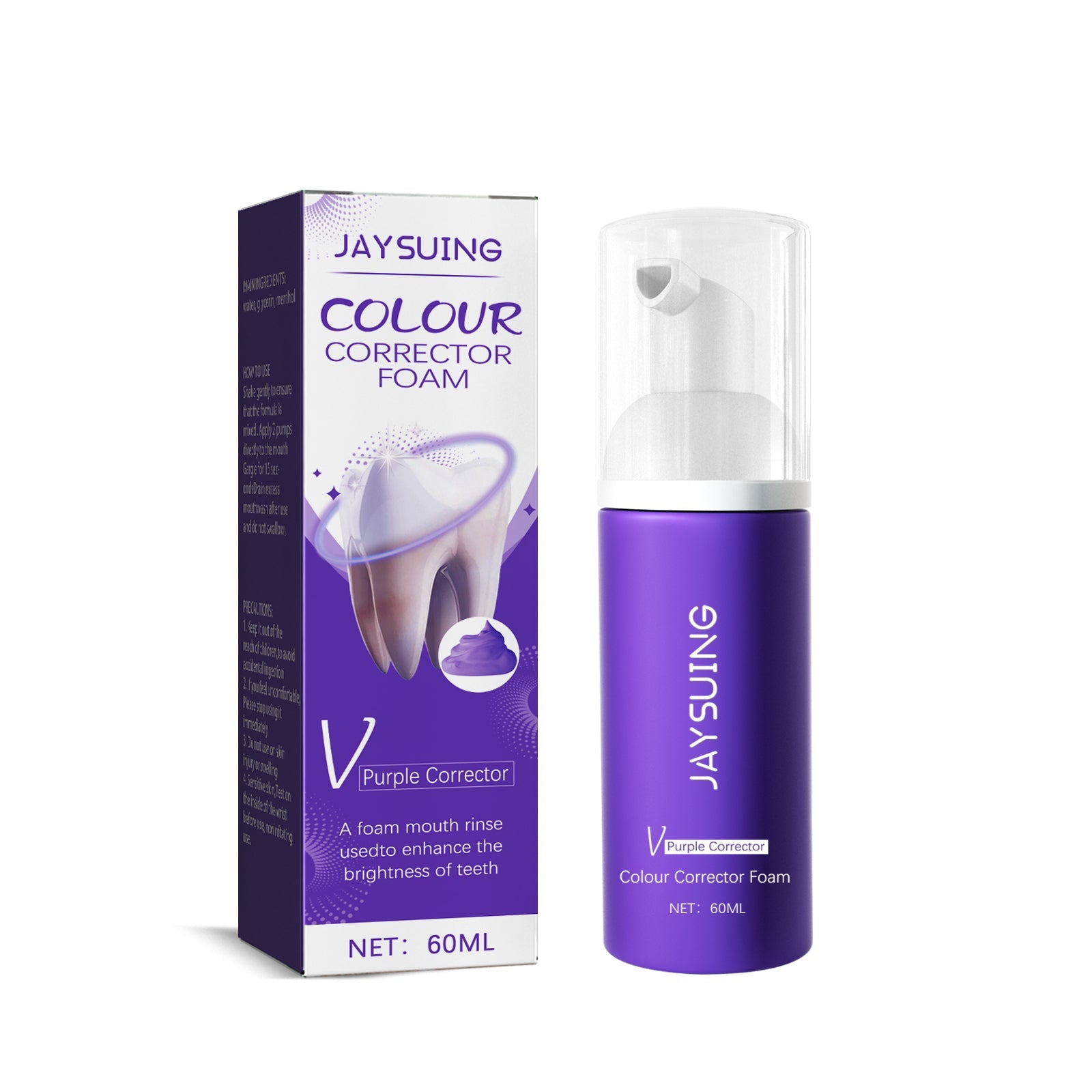 JAYSUING Colour Corrector Foam packaging and bottle side-by-side showing purple corrector formula with foam pump dispenser
