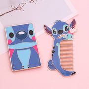 Stitch enamel pocket mirror and character hair comb side by side on a pink surface with soft white background
