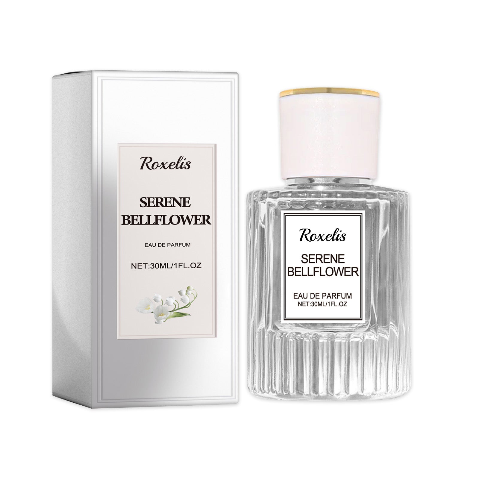 Roxelis Serene Bellflower perfume bottle with luxury packaging box, showing 30ml eau de parfum